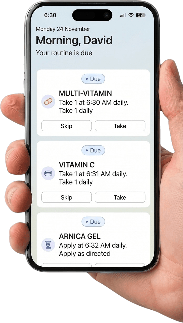 A hand holding a phone running the LiviPod app: the day's doses listed as cards — multi-vitamin, vitamin C and arnica gel — each marked Due, with Skip and Take actions.